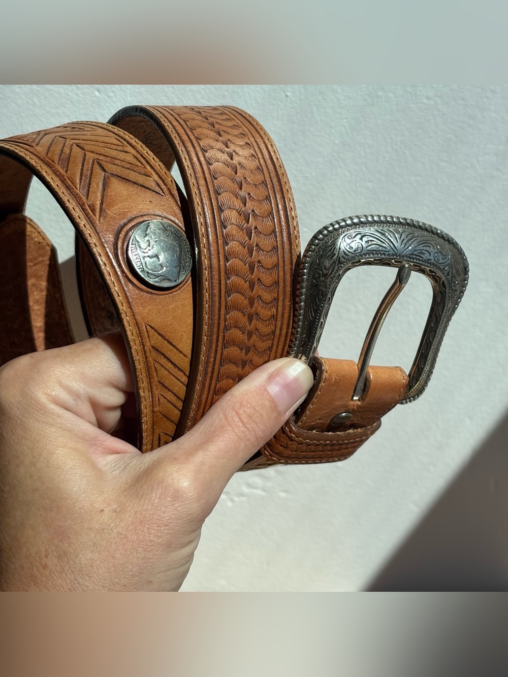 Vintage Leegin Leather Belt Mens Brown Tooled Buffalo Nickel Western Sz 40